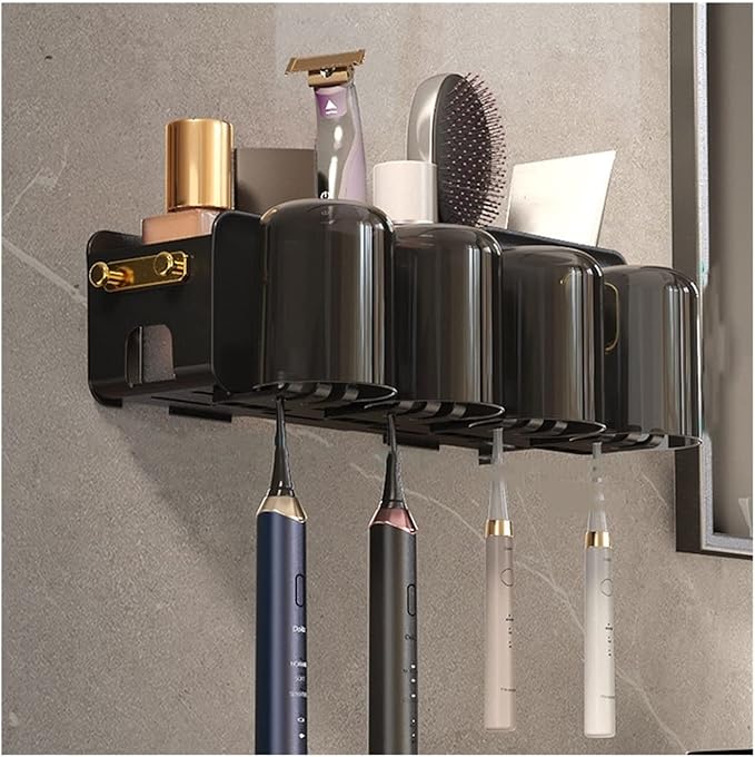 Toothbrush Rack 2PCS Wall Mounted Bathroom Toothbrush Holder for Makeup, Shaver Storage Rack, with Mouthwash Cup, Toothpaste Squeezer Kit Bathroom Toothbrush Holder(C)
