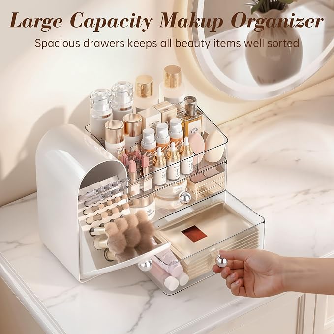 Delamu Makeup Organizer for Vanity with Closed Brush Holder, Large Bathroom Counter Organizer with Drawers, Skincare Organizers for Countertop, Storage Perfume Cosmetic Beauty, Girl Gifts (White)