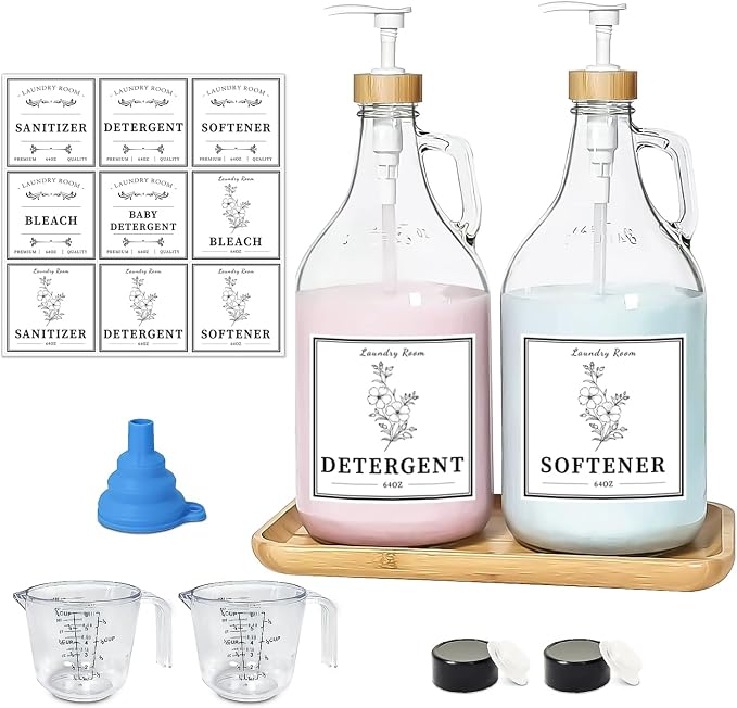 2 Pcs Glass Laundry Detergent Dispenser Bottle, Liquid Laundry Soap Dispenser for Laundry Room, 64oz Detergent Bleach Softener Dispenser for Farmhouse Decor, Includes Bamboo Pumps Tray Funnel Labels