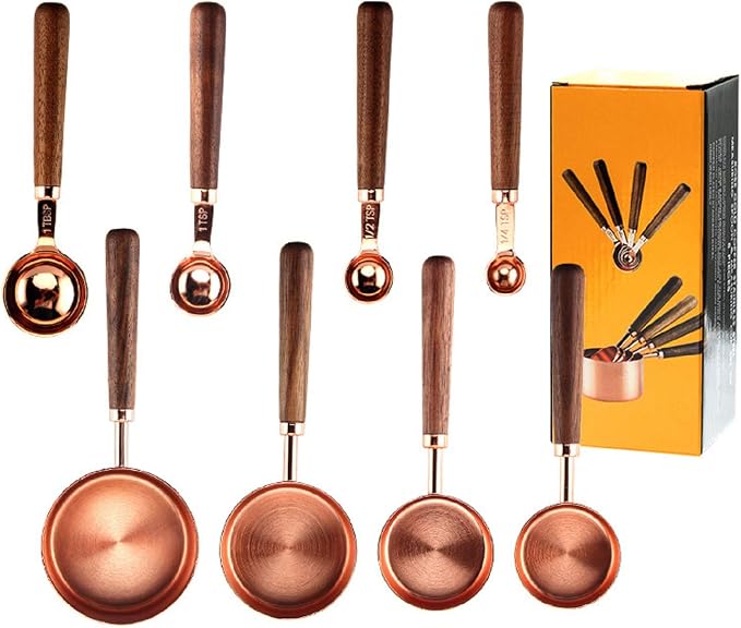 Measuring Cups and Spoons Set, TeenGo Stainless Steel Measuring Cups and Spoons Set for Dry, Liquid Ingredients with Wooden Handle Used for Cooking & Baking, Set of 8
