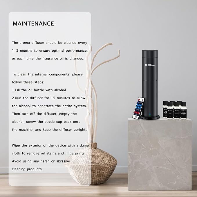 Hotel Waterless Scent Diffuser with 6 Fragrance Oils Covers up to 700 Sq Ft | Cold air scent diffuser with APP control, 6 fragrance oils, open bottle design, quiet operation, and 700 sq ft coverage.