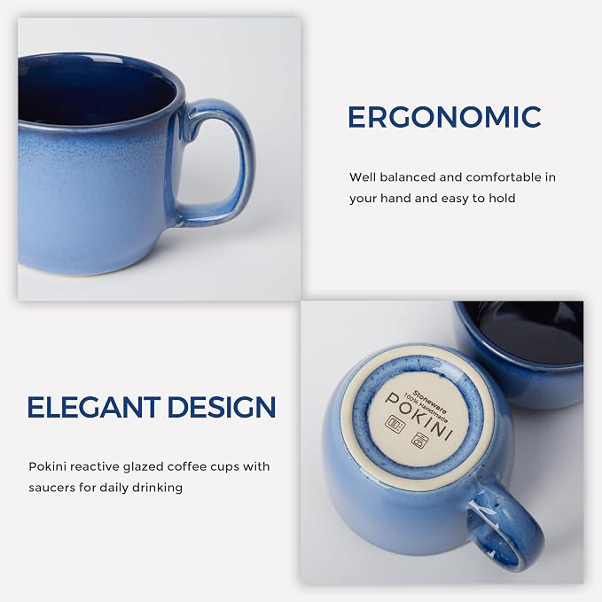 Pokini Stoneware Coffee Cups with Saucers, 6 Oz Cappuccino Cups Set of 4, Microwave & Dishwasher Safe, Perfect For Tea, Espresso, Latte, Ceramic Mugs for Kitchen or Cafe, Light Blue
