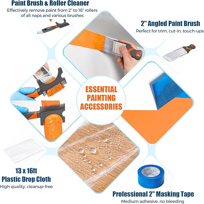 36pcs 12"-18" Adjustable Large Paint Roller Kit: Bucket Tray Liners, 1-5Ft Aluminum Extension Poles, Brush & Roller Cleaner, 18" Nylon Covers for Wall,Ceiling,Floor,Interior,Exterior Painting