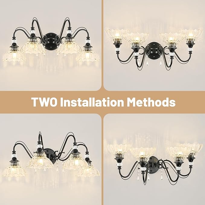 Black Bathroom Vanity Light, 4-Light Matte Black Finish Farmhouse Wall Sconce with Hanging Crystal Accents and Flower-Shaped Clear Glass Shades, Retro Wall Mount Vanity Light Over Mirror for Bathroom