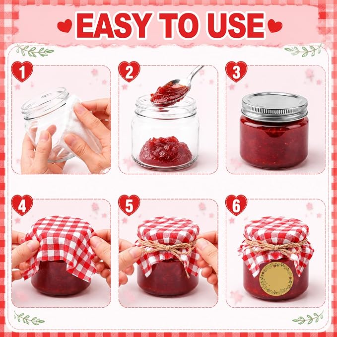 Blushtier 30 Sets 8 oz Mini Yogurt Jars Glass Mason Jar with Lids Red Plaid Muslin Cloth Cover Decorative Jute Rope Brush Glass Bottle for Jam Honey Candy Gift Wedding Favors Birthday Party Decor