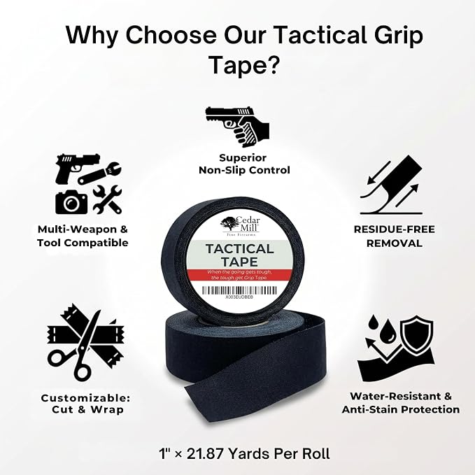 Cedar Mill Magazine Gun Tape - Water-Resistant Gun Grip Tape to Improve Handles & Protect from Scratches & Smudges - Non-Slip, Non-Reflective Tactical Tape for Guns, Rifles & Shotguns