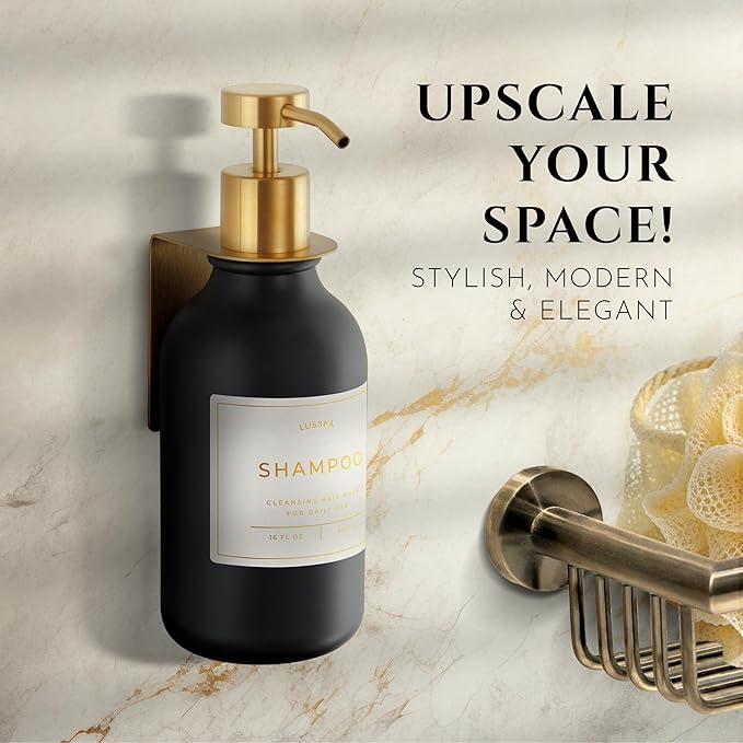 Shower Shampoo Dispenser Wall Mounted – Refillable 16.9 oz Black Bottle with Stainless Steel Pump & No-Drill Adhesive Holder – Soap Dispenser for Bathroom (1 X Black/Gold)