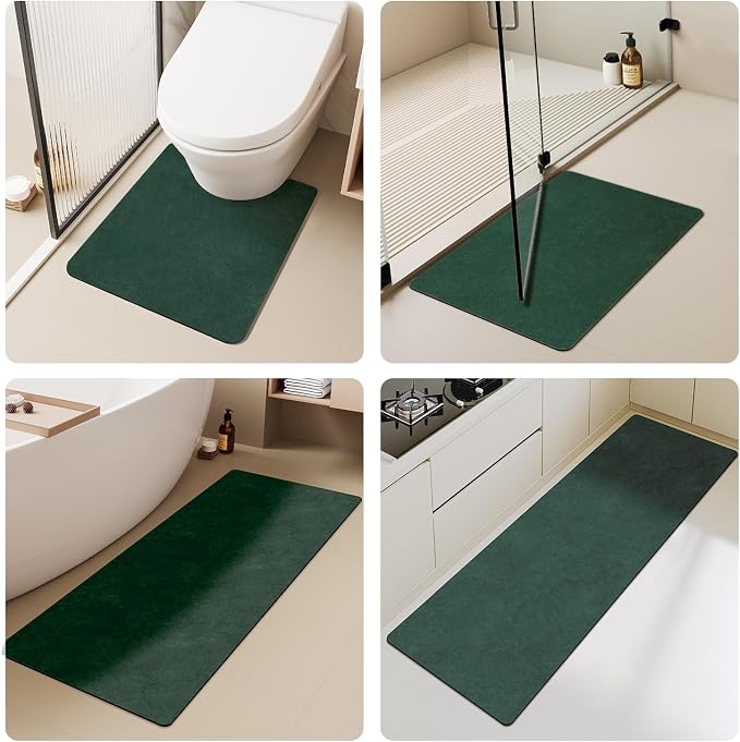 TYUU Bathroom Mat Quick Dry, Bathroom Rugs Non Slip Washable Thin Absorbent Bath Mat Fits Under Door Bathroom Floor Mat Perfect for Bath, Shower, or Sink 17"x59" Dark Green