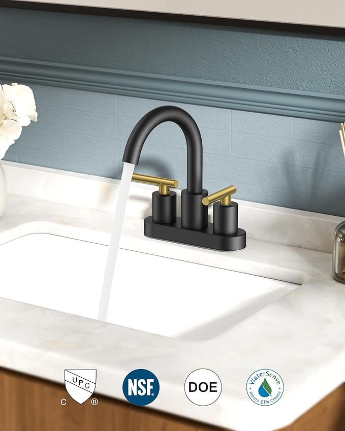 FORIOUS 4 in Black and Gold Bathroom Faucet Centerset, 2 Handle Matte Black Swivel Faucet for Bathroom Sink 2 or 3 Hole with Pop up Drain and cUPC Supply Hose, Suitable for Vanity RV Restroom