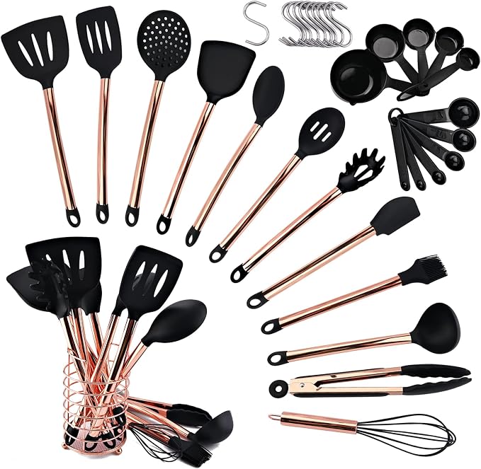 Silicone Cooking Utensil Set with Measuring Cup Spoon, 16 Pcs Non-stick Kitchen Utensil, Heat Resistant Cookware, Silicone Kitchen Tools Gift with Rose Gold Stainless Steel Handle