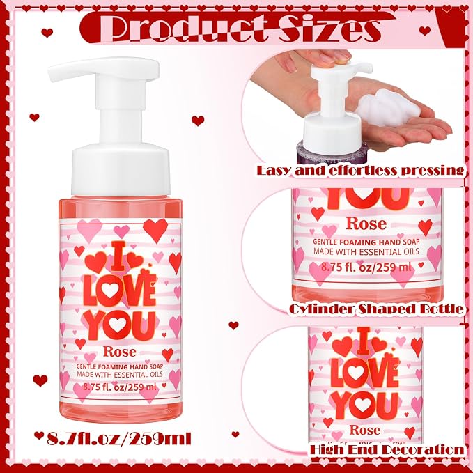 6 Pack Valentine's Foaming Hand Soap with Pump Care Moisturizing Liquid Scented Foam Hand Wash Valentine's Galentine's Day Sweet Gifts for Kitchen Bathroom Family Teacher Staff 8.75 Fl. oz