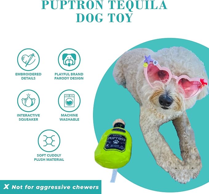 Haute Diggity Dog Puptron Tequila Plush Dog Toy for Small, Medium & Large Dogs, Interactive Funny Parody Squeaky Toys, Soft, Durable, Machine-Washable, Safe & Cute Birthday Gift for Dogs, One Size