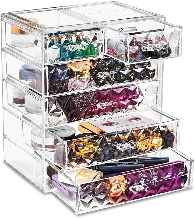 Sorbus Acrylic Makeup Organizer Set, 6-Drawer Vanity & Countertop Cosmetic Storage with Small & Wide Drawers, Diamond Makeup Storage for Brushes, Lipsticks, Jewelry – Holiday Gift for Women & Teens