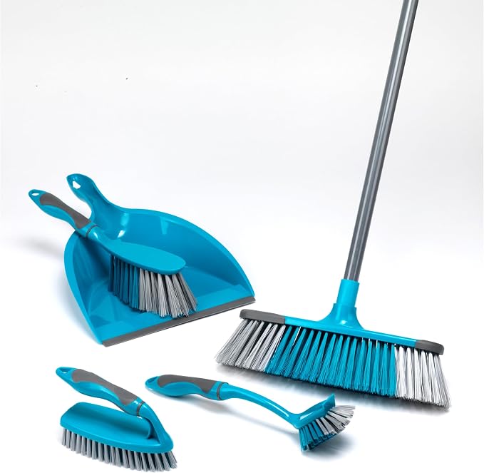 Beldray LA024152TQ Cleaning Bundle with Broom, Dustpan and Brush Set, Scrubbing Brush & Dish Brush, Long Handled Indoor Floor Sweeping, Washing Up Brushes, Bathroom/Tile/Grout Cleaner, Soft Grip, Blue
