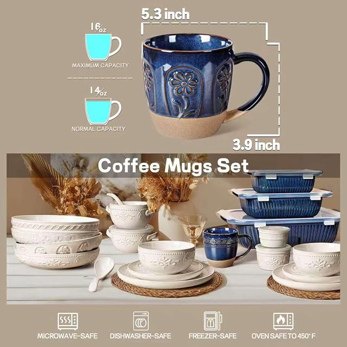 Artena Ceramic Coffee Mugs Set of 4, 16oz Embossed Large Latte Mugs Coffee Cups with Handle for Tea, Latte, Cappuccino & Cocoa, Milk Dishwasher & Microwave Safe, Blue (Pinwheel Flower)