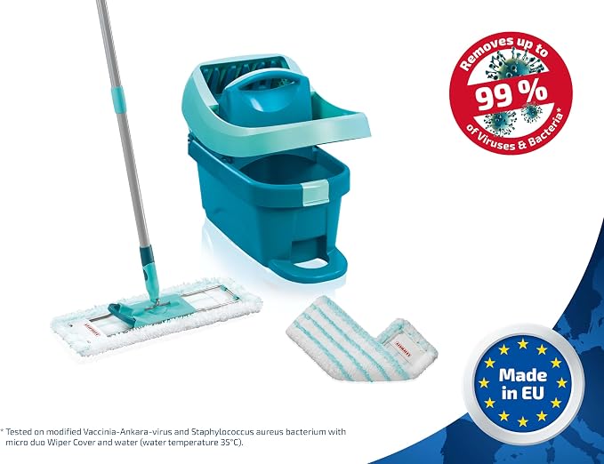 Leifheit Floor Cleaning Profi XL Mop and Bucket Set – 42 cm Microfibre Mop for Large Floors with 360° Joint, Foot-Pedal Wringing System, Heavy Duty 8 L Bucket, Easy Moist or Wet Cleaning, Turquoise | Bucket wringer on wheels, foot wringing system, 2 Mi...