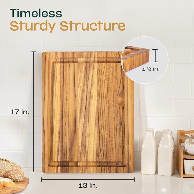Yes4All Durable Teak Cutting Boards for Kitchen,[16.5''L x 13''W x 1.5”Thick] Medium Edge Grain Cutting Board, Pre Oiled Wood Cutting Boards, Thick Chopping Board w/Juice Grooves and Easy Grip Handle