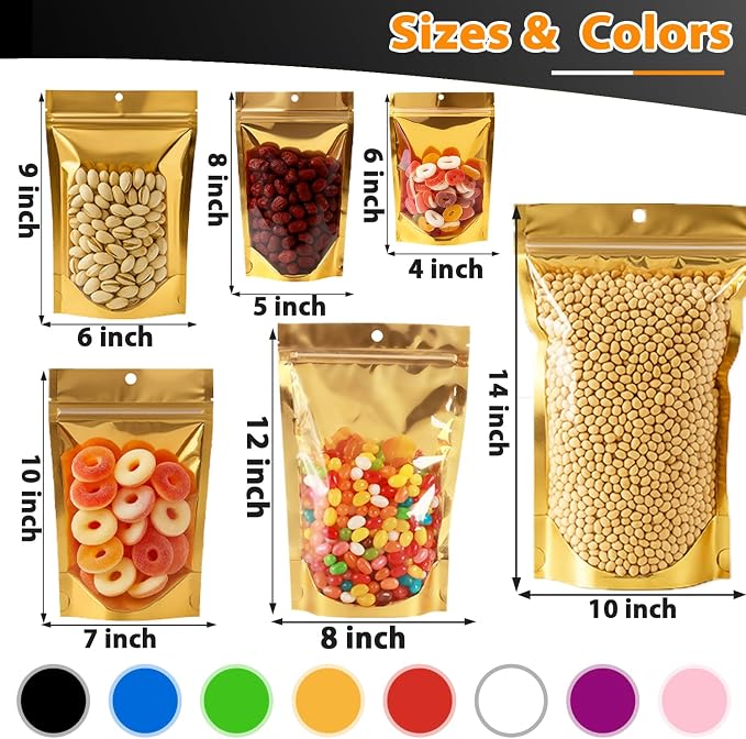 150 Pcs 1 Gallon Mylar Bags for Food Storage, 10x14 Mylar Bag with Window Stand Up Resealable Bags Smell Proof Bag Food Packaging for Small Business Freeze Dried Candy Jewelry Foil Packaging
