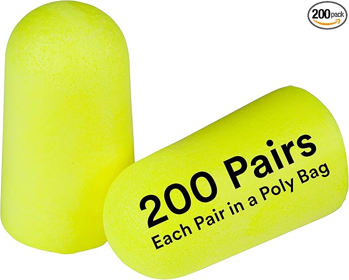 3M Ear Plugs, E-A-Rsoft Yellow Neons 315-1251, 200 Pair of Disposable Earplugs, Pairs Individually Wrapped, Slightly Longer, Uncorded, 33 NRR, Tapered Cylinder Shape, Slow Recovery Foam