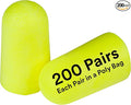 3M Ear Plugs, E-A-Rsoft Yellow Neons 315-1251, 200 Pair of Disposable Earplugs, Pairs Individually Wrapped, Slightly Longer, Uncorded, 33 NRR, Tapered Cylinder Shape, Slow Recovery Foam