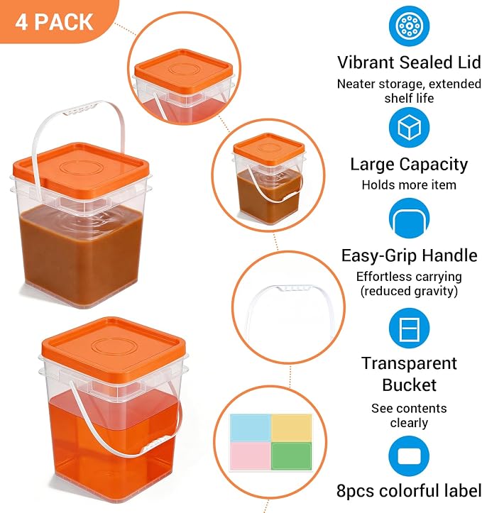 4 Pack 6.6 Gallon Square Plastic Bucket with Orange Lids, Heavy Duty Storage Containers with Handle, Large Clear Plastic Pail for Paint, Cleaning and Industrial Use, BPA Free