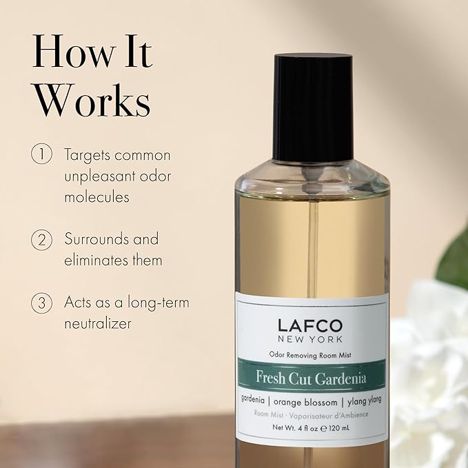 LAFCO New York Odor Removing Room Mist, Fresh Cut Gardenia - 4 oz - Eliminates Unpleasant Scents & Provides Luxurious Fragrance - Up to 750 Pump Sprays Per Bottle - Made in the USA