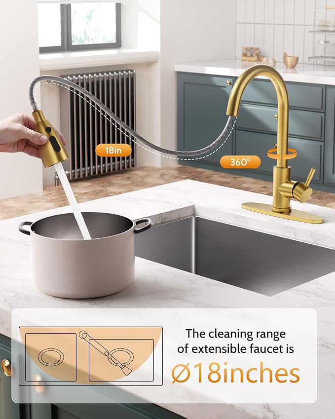 Brushed Gold Kitchen Faucet with Soap Dispenser, WOWOW Stainless Steel Kitchen Faucet for Sink, Single Handle Luxurious Gold Kitchen Sink Faucet with Sprayer