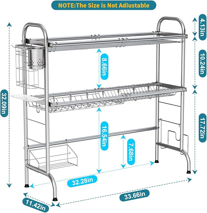 HOWDIA Stainless Steel 2-Tier Over The Sink Dish Drying Rack with Utensil Holder, Large, for Kitchen Counter | Stainless Steel, Cutlery Holder & Chopping Board Rack, for Kitchen Counter