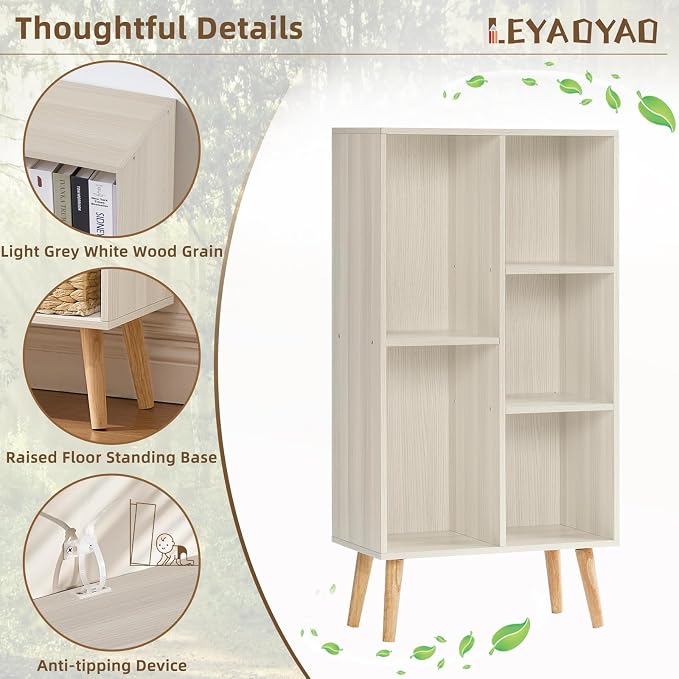 LEYAOYAO 5 Cube Bookshelf,Mid-Century Modern Bookcase with Legs,Light Grey | 3 Tier Book Shelf,Rustic Wood Bookshelves Freestanding Small Storage Organizer, Open Shelves for Bedroom, Living Room, Office