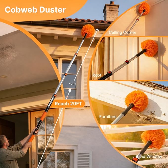 7-in-1 High Ceiling Duster Kit with 4-12ft Extension Pole, Ceiling Fan Duster, Cobweb Duster, Microfiber Duster, Window Cleaner & Squeegee, Wall Mop, 20ft Reach Duster with Extension Pole