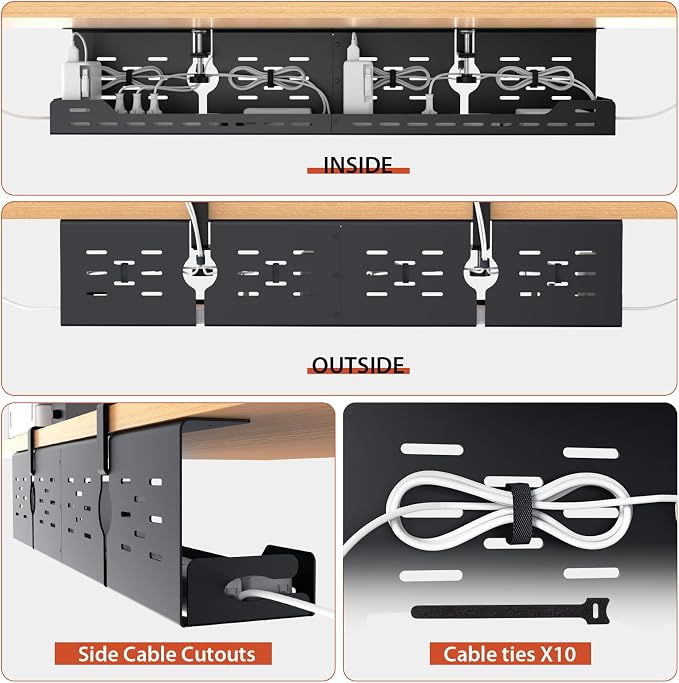Univivi Under Desk Cable Management Tray - 32" Steel Cord Organizer, No-Drill C-Clamp & Screw Mount for Office/Home, Effortless Wire Management (Black)