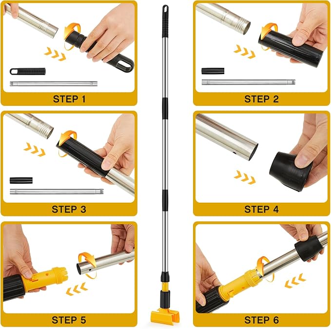 Thyle 6 Pack Stainless Steel Commercial Mop Handle for Floor Cleaning, 3 Section Replaceable Mop Stick Replacement with Jaw Clamp, Heavy Duty Replacement Pole for Home Garage Office, 55 Inch