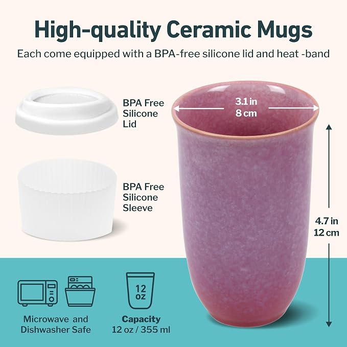 NOVA CERAMICS Coffee Travel Mug – Cup Holder Friendly Travel Mug– Microwave & Dishwasher Safe White & Purple Tumbler - Coffee Mug Fits In Cup Holder – 12oz – Astral Bloom