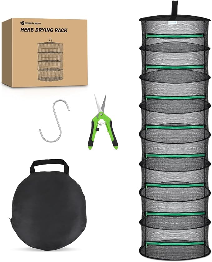 Yesker 8 Layer Herb Drying Rack Hanging Mesh Net Foldable Plant Drying Racks 24" w Green Zipper Pruning Shears Hook Dryer Hanging Rack for Herbs Seed Bud Fruit Clothes Grow Tent Closets Garden Outdoor | Drying Green Zipper Pruning Shears Hook Dryer Han...