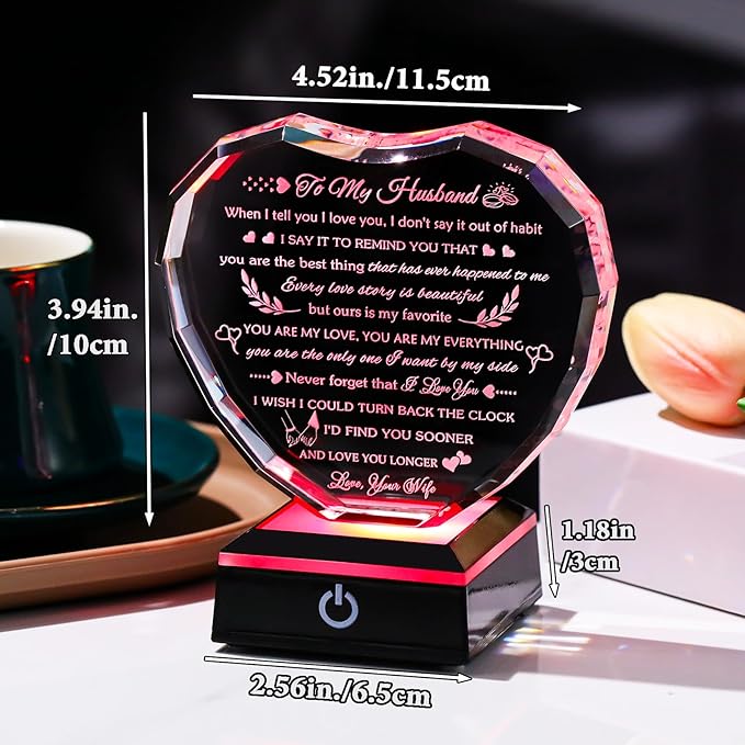 Arikyrist Gifts for Husband from Wife with Colorful LED Base Anniversary Romantic Gifts for Husband Birthday Crystal Keepsake to My Husband I Love You Gifts on Valentine Fathers Day Christmas