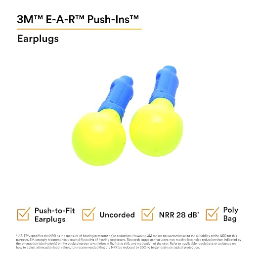 3M E-A-R Push-Ins Earplugs 318-1000, 28.0 dBs, 100 Pair, ANSI, Uncorded, No Roll, Push to Fit, Poly Bag