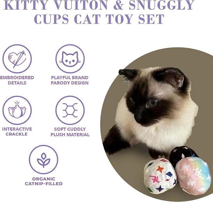 Haute Diggity Kitty Vuiton Monogram Balls + Snuggly Cups Set, Plush Cat Toys Catnip Filled with Interactive Crackle Sound, Safe & Durable Toys for Cat & Kitten, 6 Pcs