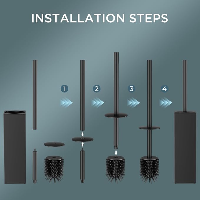 FORIOUS Tall Toilet Brush and Holder Set, Heavy Duty 304 Stainless Steel Base Square and Long Handle for Bathroom Deep Cleaning, Drip-Proof, Space Saving for Storage, 2 Toilet Bowl Brush Head, Black