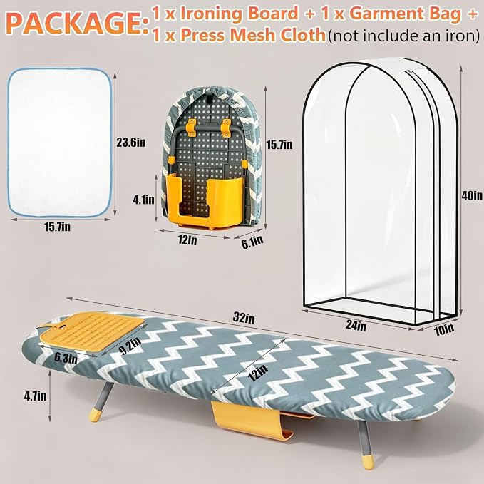 Small Ironing Board with Iron Holder, Tabletop Ironing Board with Iron Rest Pad, Compact Foldable Iron Board for Travel Home with Protective Press Cloth Sapce Saving (Grey)