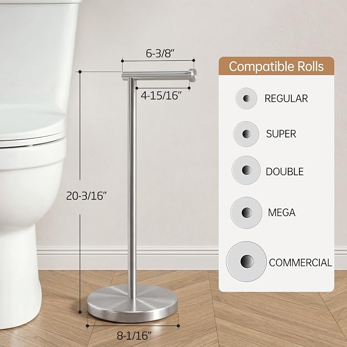 KES Toilet Paper Holder Stand SUS 304 Stainless Steel Rustproof Pedestal Lavatory Tissue Roll Holder Floor Stand Modern Brushed Nickel Finish, BPH283S1-2