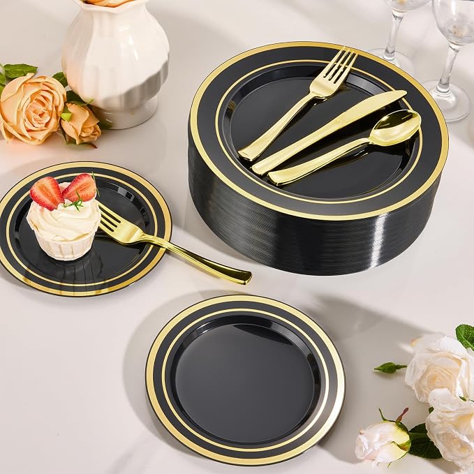 Goodluck 600 Pieces Black Plates for 100 Guests, Plastic Plates for Party, Dinnerware Set of 100 Dinner and 100 Dessert Plates, 100 Spoons, 100 Forks, 100 Knives, 100 Cups