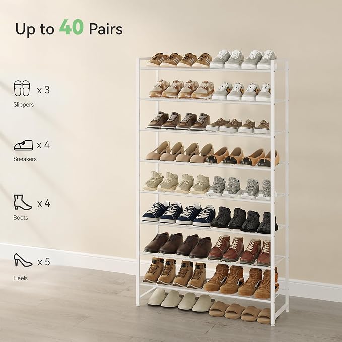 Nunsino Shoe Rack for Closet, Metal Shoe Organizer, 8 Tier Garage Shoe Rack Max Holds 40 Pairs,Shoe Storage Shelf,Entryway, White