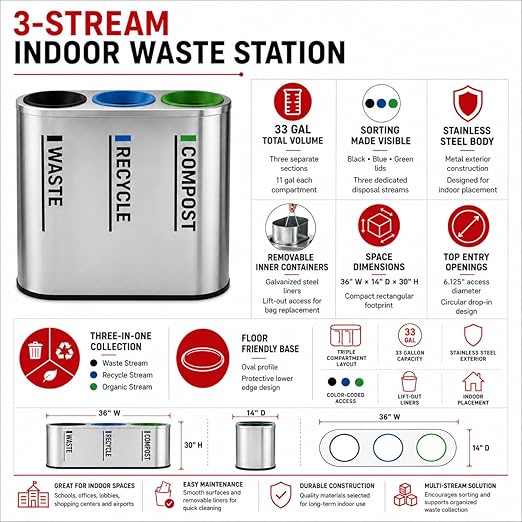 33 Gallon Stainless Steel Triple Stream Indoor Recycling Station, 3 Compartment Waste Sorting Bin with Separate Trash Recycle Compost Sections, Commercial Decorative Waste Container