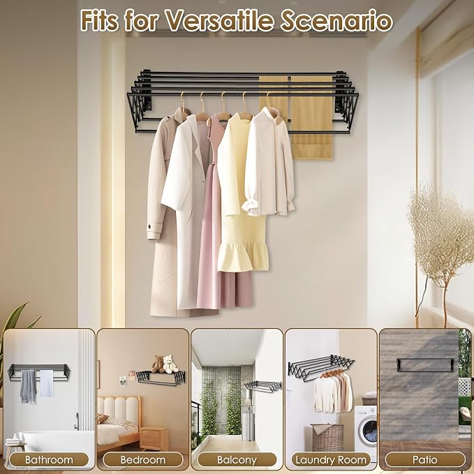 XL-31.5" Wall Clothes Drying Rack, Retractable Mounted Rack Black | 7 stainless rods, staggered for faster drying. Rustproof. Expands to 25.6"D. Folds flat for storage. Mounting hardware.