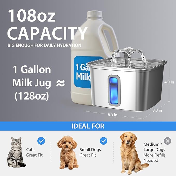 Veken Innovation Award Winner Stainless Steel Cat Water Fountain, 108oz | Automatic Pet Fountain Dog Water Dispenser with 3 Replacement Filters & Silicone Mat, Gifts for Cats, Dogs (Silver)