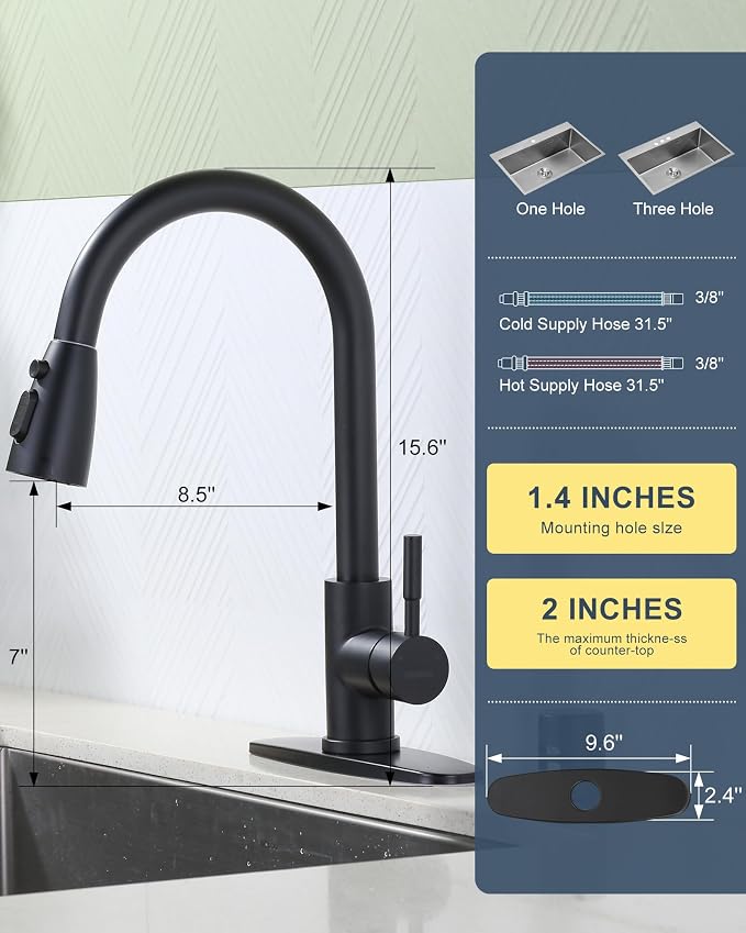 Kitchen Faucet with Air Gap: WOWOW Stainless Steel Kitchen Sink Faucet and Dishwasher Air Gap Kits for Kitchen Sink 2 or 4 Hole, Matte Black Finish
