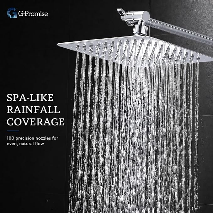 G-Promise All Metal 10" Dual Square Shower Head Combo | Rain Shower Head | Handheld Shower Wand | Adjustable | Smooth 3-Way Diverter | 71" Extra Long Hose - A Bathroom Upgrade (Chrome)