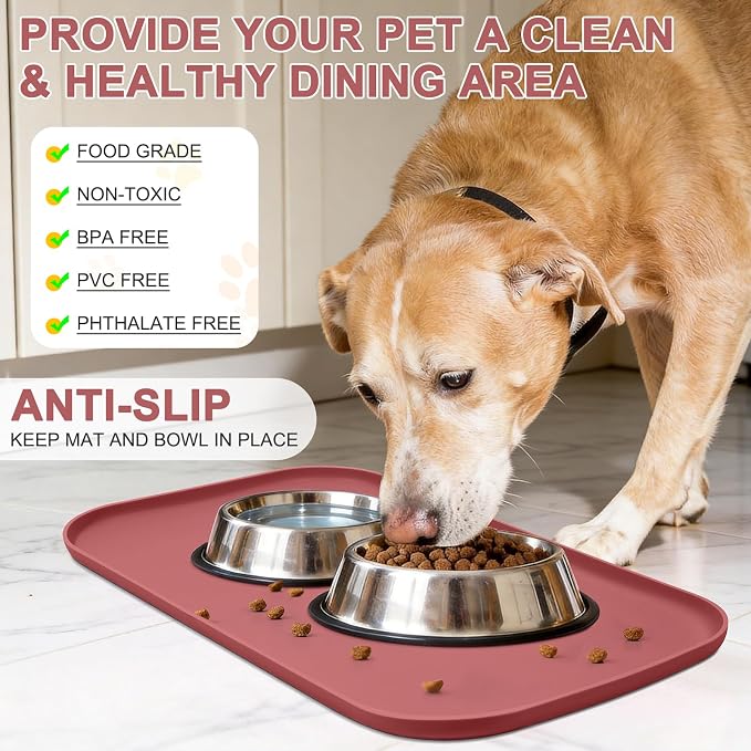 SMILOOL Waterproof Silicone Pet Food Mat with Raised Edge for Dog & Cat | 24" x 16" Non-Slip Pet Feeding Mats with Lip for Food & Water Bowl, Food Grade, Easy Cleaning, Erythrinus