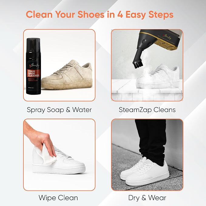 Handheld Shoe Steam Cleaner – All-in-One Shoe Care with Pro Steam Power | 5 Attachments to Clean, Deodorize & Remove Creases from Sneakers, Dress Shoes & Boots