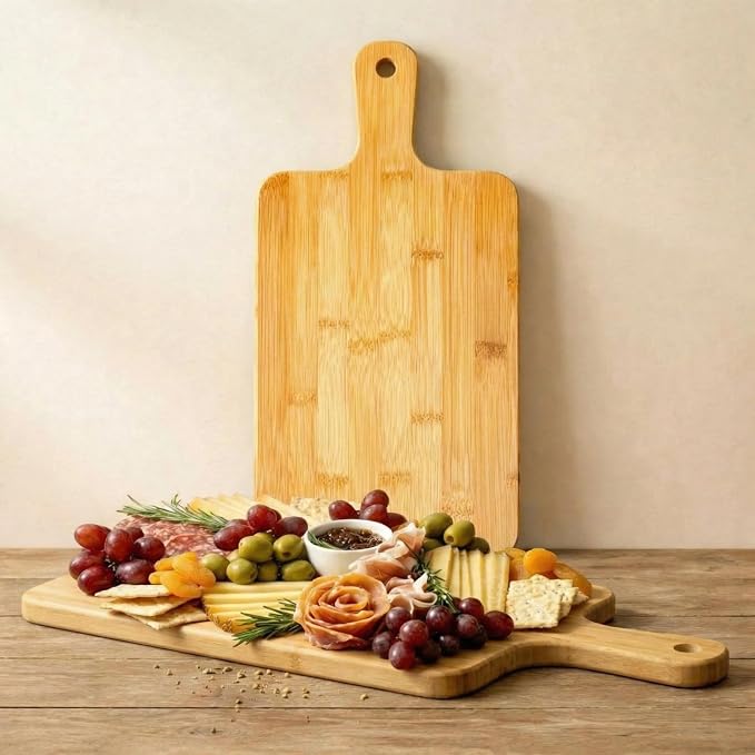 Nuenen 1 Pcs Wood Cutting Board with Handle Acacia Bamboo Wooden Serving Kitchen Chopping Boards for Pizza, Bread, Cheese, Charcuterie, Fruit, Vegetables (15.7 x 7.8 Inch,Bamboo)